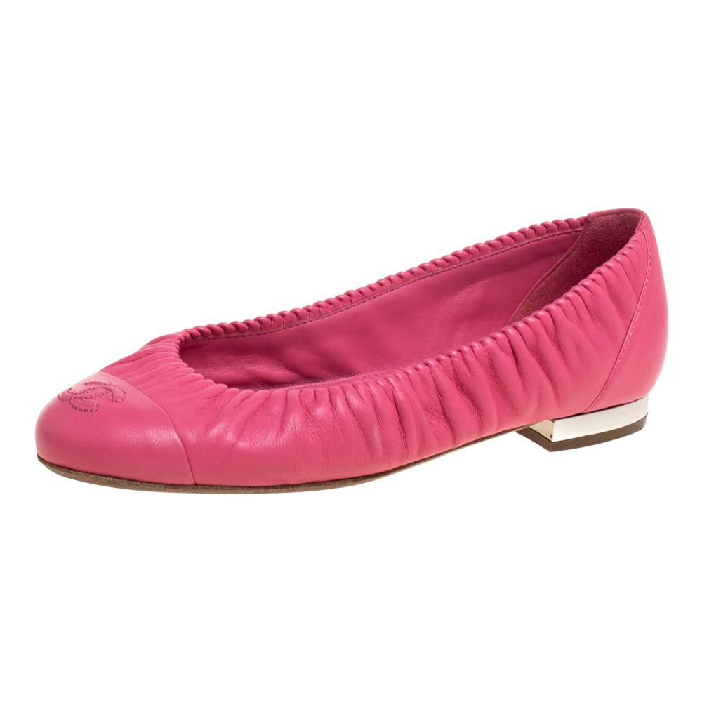 Chanel Pink Leather CC Cap Toe Ballet Flats Size 36.5