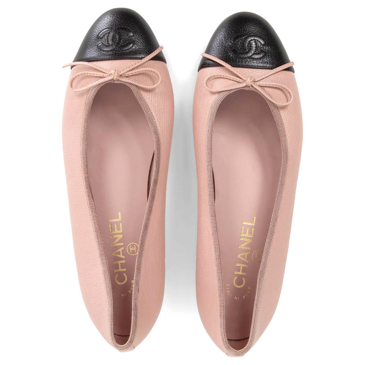 Beige CHANEL pink leather CLASSIC Ballet Flats Shoes 38.5