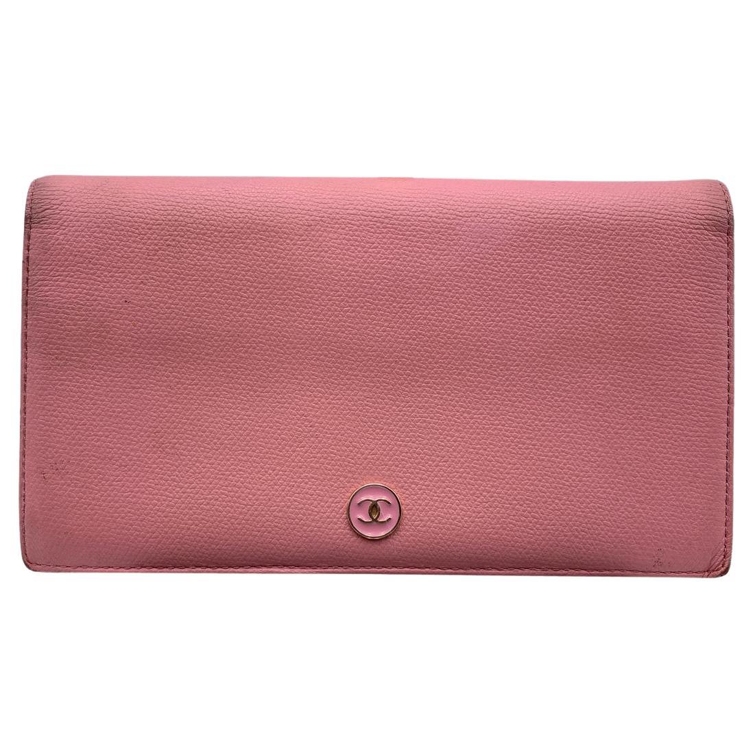  Chanel Pink Leather Long Continental Bifold Wallet with CC Logo