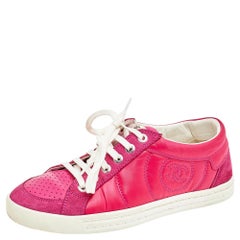 Chanel Pink Leather, Suede And Nylon CC Pearl Low Top Sneakers Size 35.5