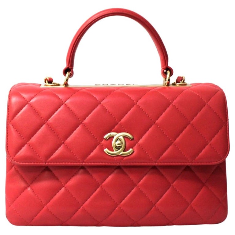 CHANEL Trendy CC Top Handle Flap Quilted Leather Shoulder Bag Red