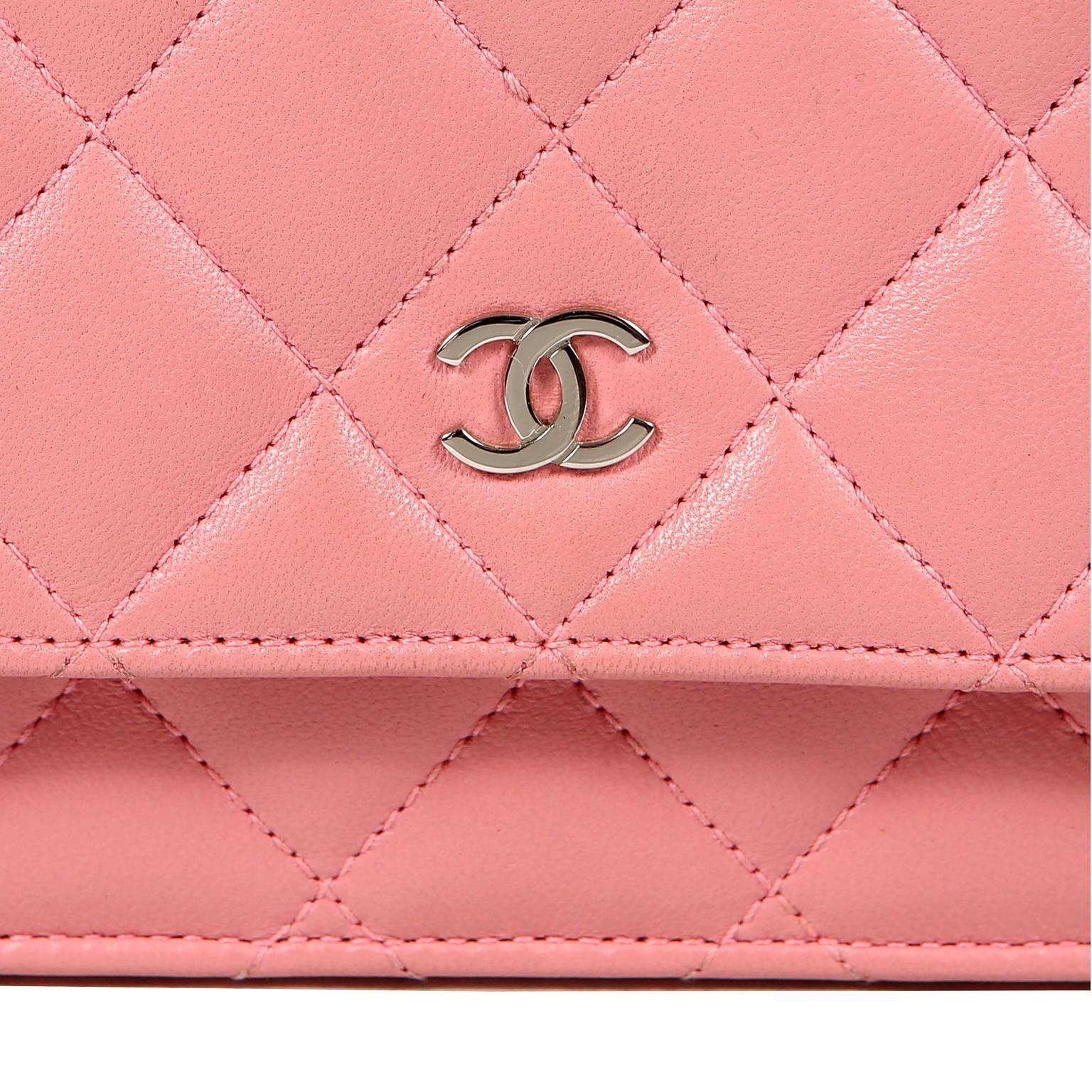 Chanel Pink Leather WOC Wallet on a Chain- Silver Hardware In Excellent Condition In Palm Beach, FL