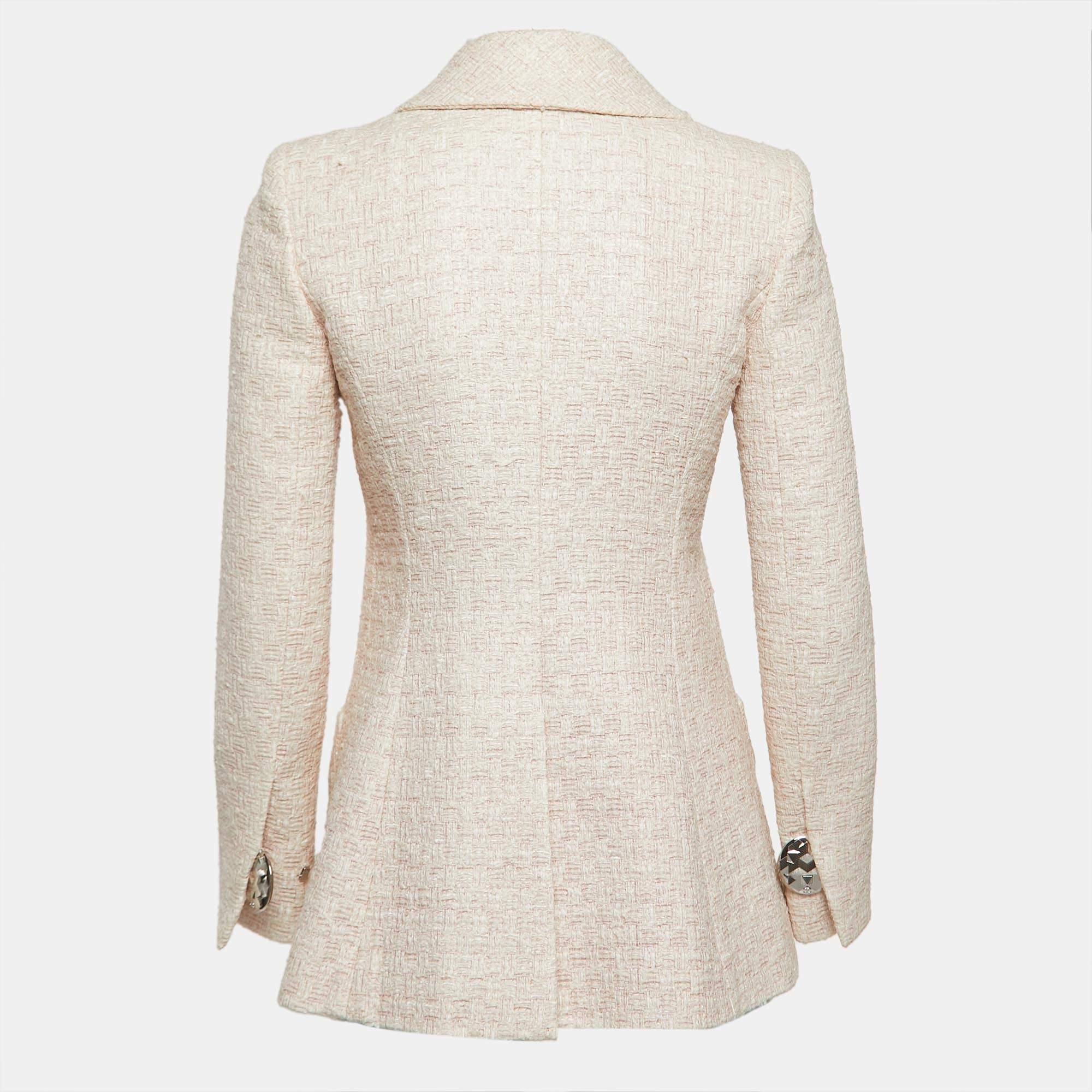Chanel Pink Lurex Tweed Collared Tailored Jacket S 1