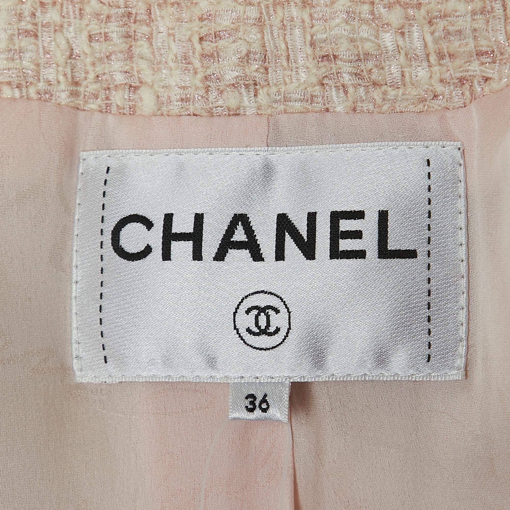 Chanel Pink Lurex Tweed Collared Tailored Jacket S 2