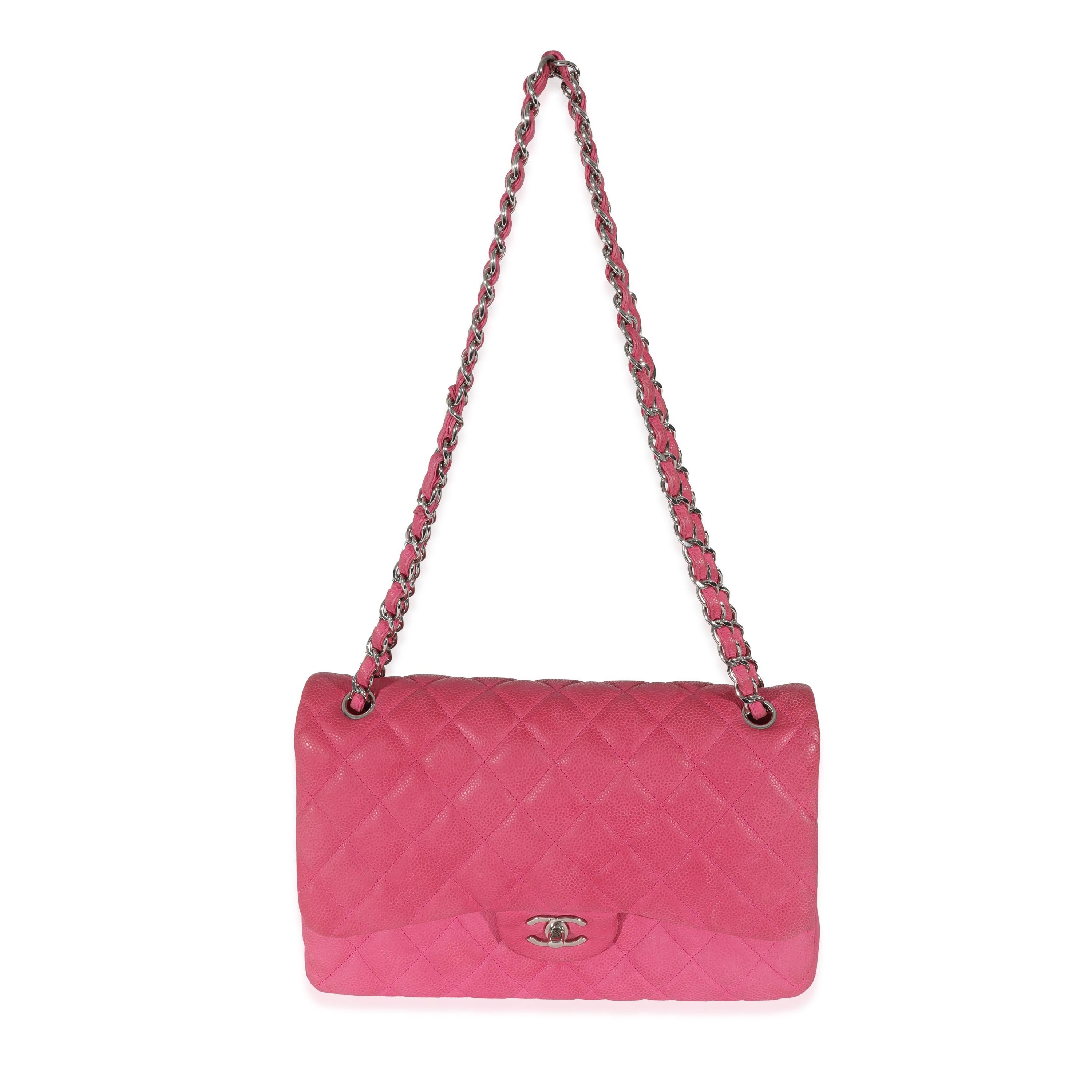 Listing Title: Chanel Pink Matte Caviar Jumbo Classic Double Flap Bag
SKU: 130707
Condition: Pre-owned 
Handbag Condition: Very Good
Condition Comments: Very Good Condition. Scuffing to corners and exterior. Discoloration to leather. Scratching to