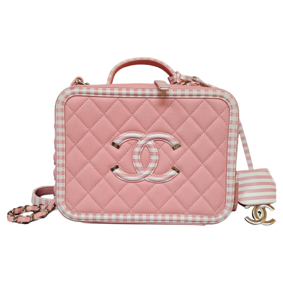 Chanel Pink Medium Caviar Quilted Stripe Vanity Case For Sale at 1stDibs