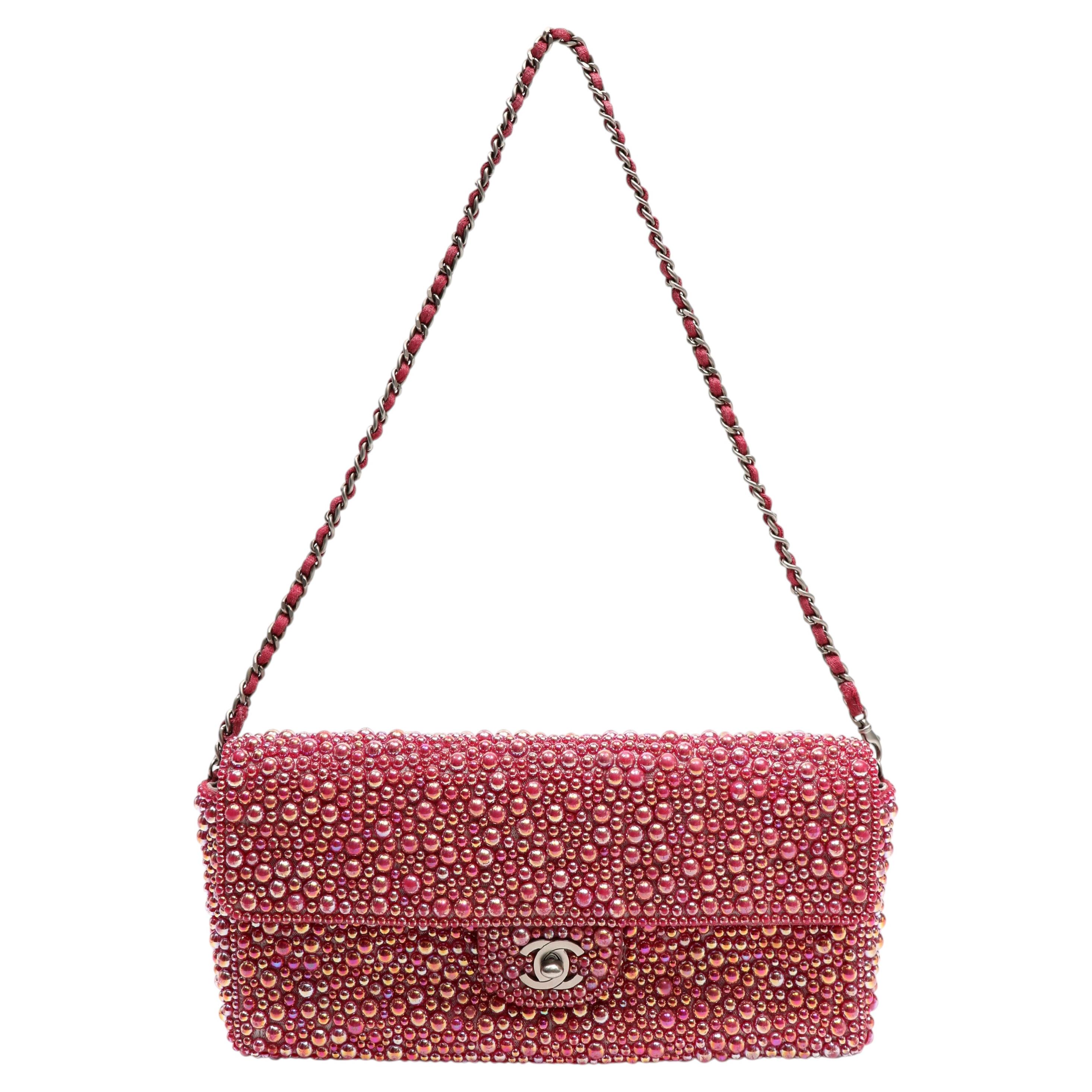 Chanel Pink Medium Classic Single Flap Pearl-Embellished Bag
