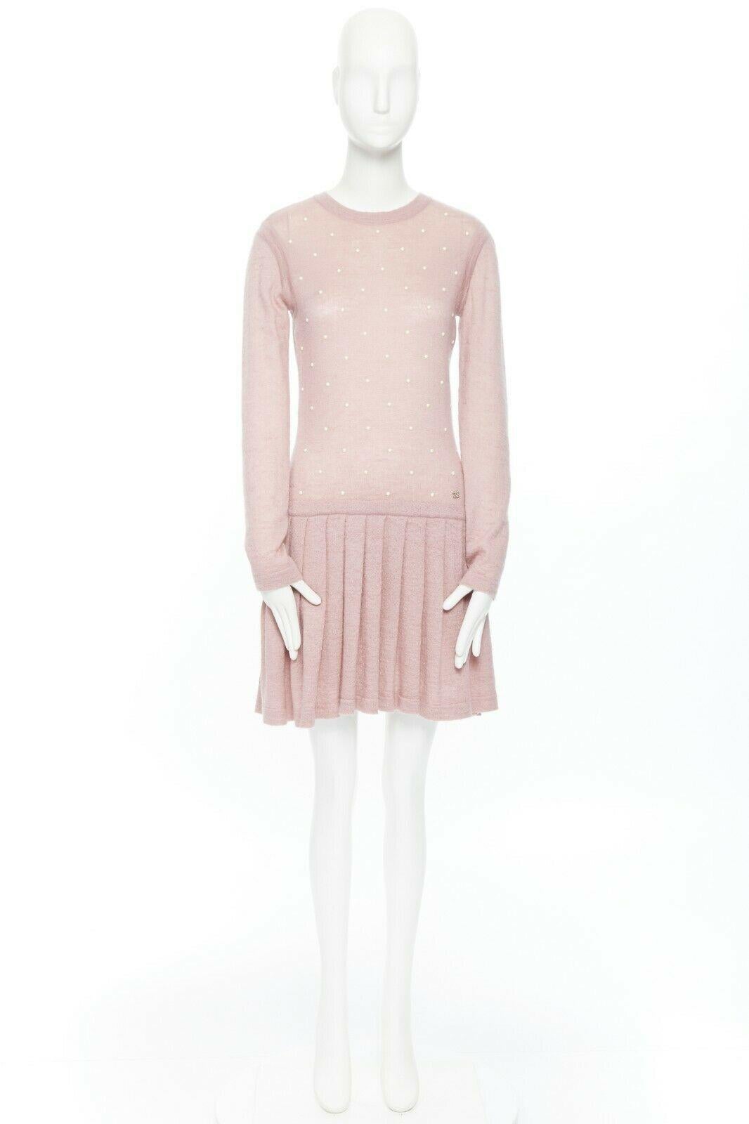 CHANEL pink mohair cashmere pearl embellished skater knitted dress IT40 S In Good Condition In Hong Kong, NT