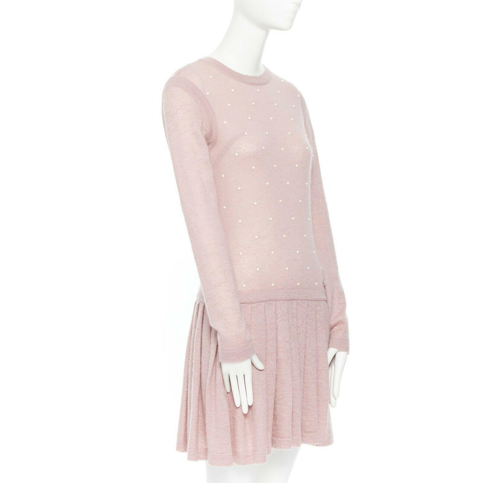 Women's CHANEL pink mohair cashmere pearl embellished skater knitted dress IT40 S