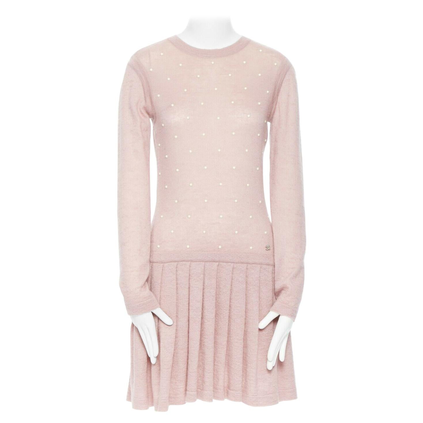 CHANEL pink mohair cashmere pearl embellished skater knitted dress IT40 S