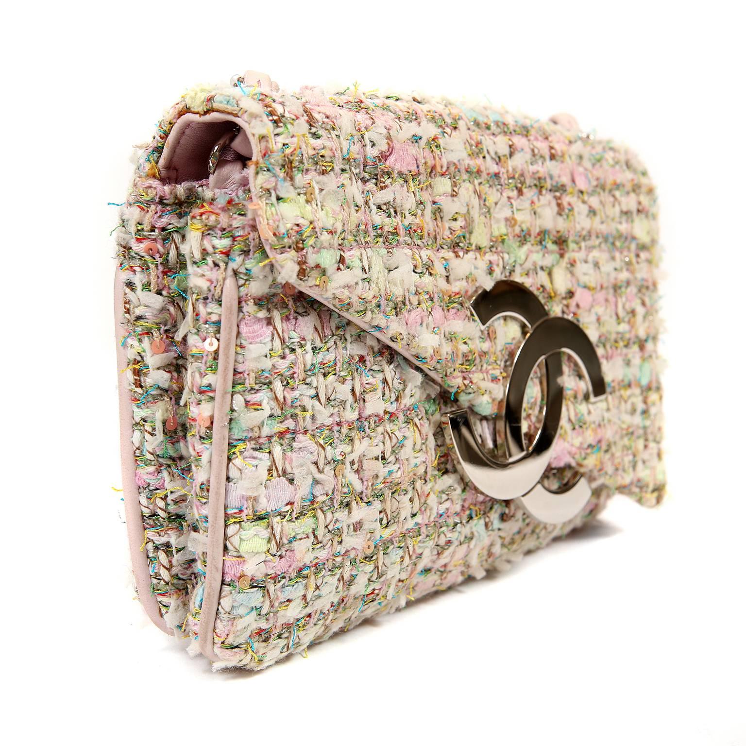 Beige Chanel Pink Multi Color Tweed CC Flap Bag
