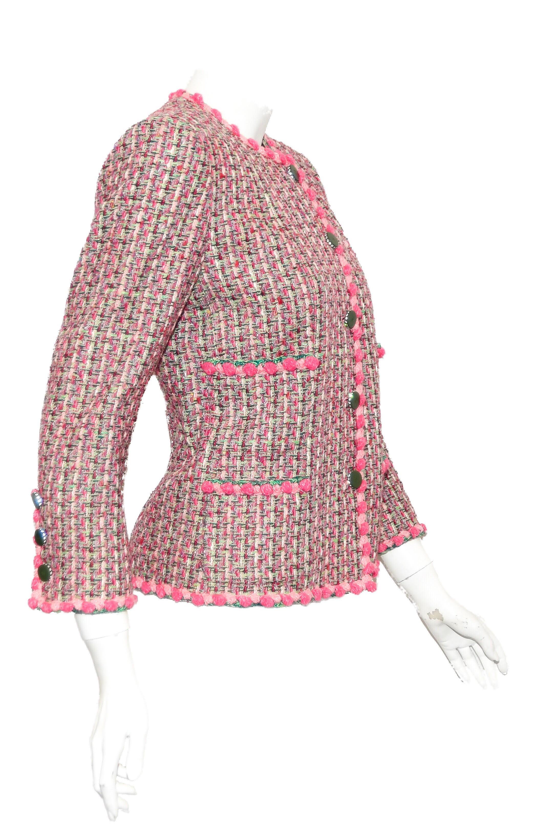 Chanel Pink Multi Color Tweed Jacket W/ Four Pockets Spring 2002 In Excellent Condition In Palm Beach, FL