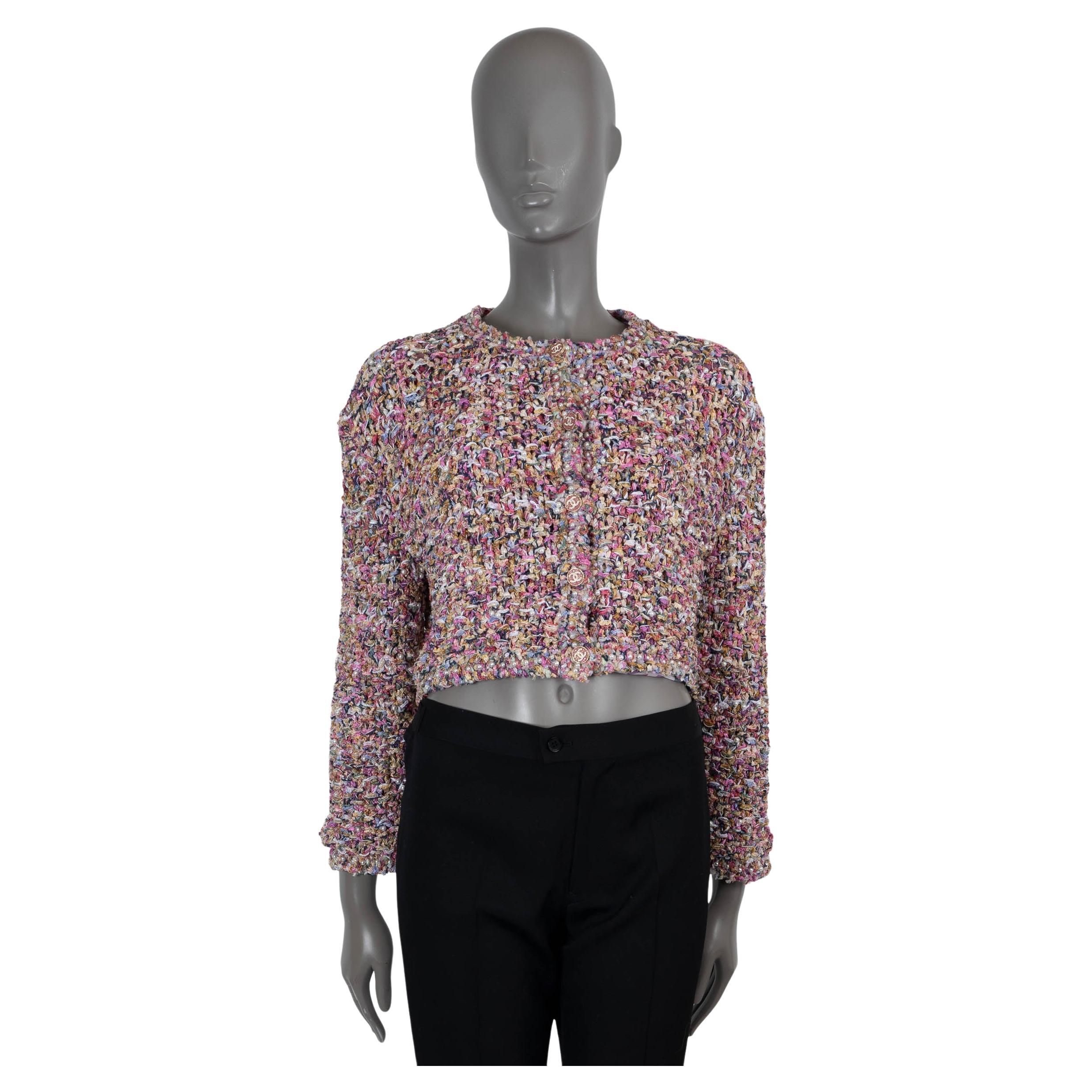 Chanel, giacca in maglia rosa e multi cotone 2021 21P con perle e ornamenti S