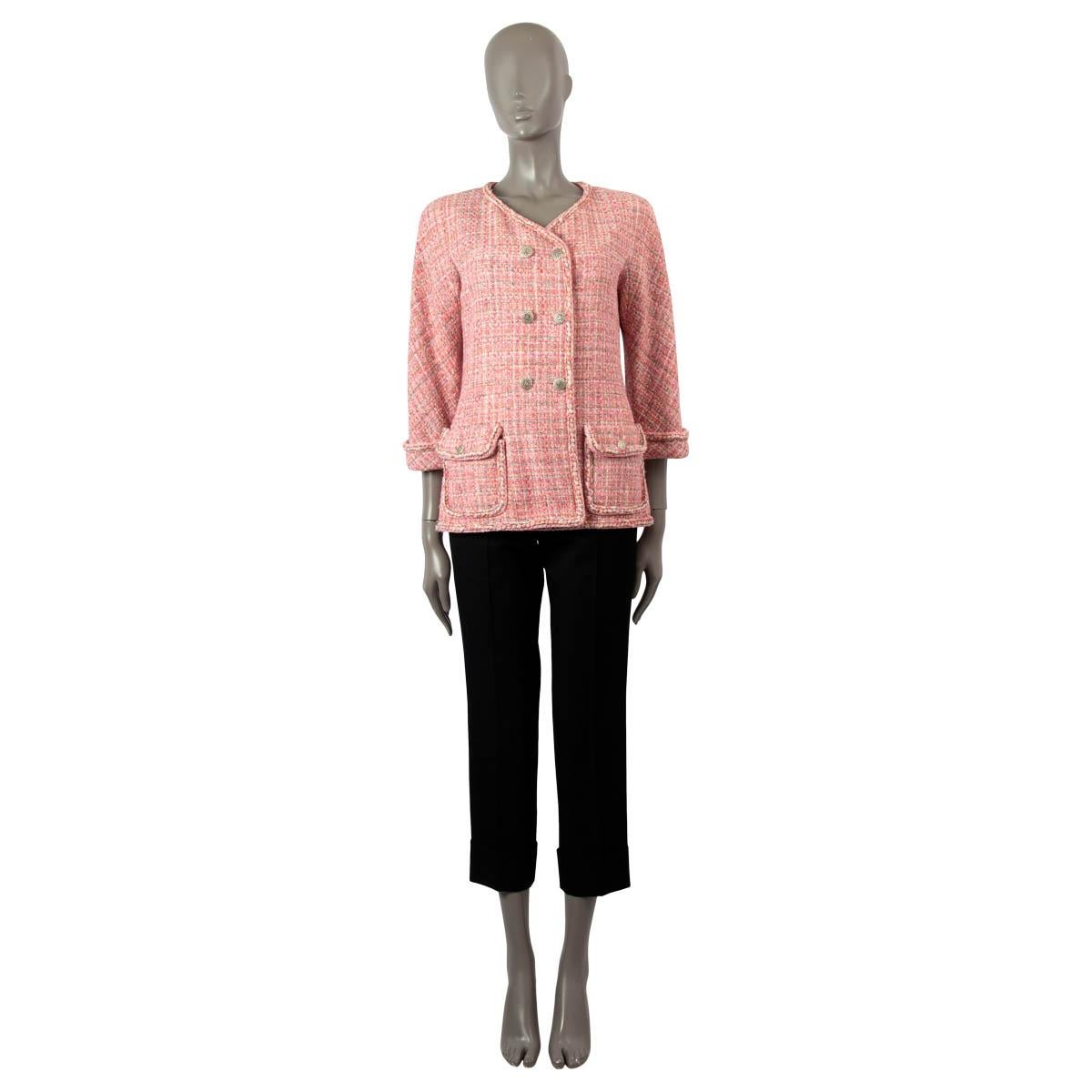 100% authentic Chanel double-breasted tweed jacket in pink and multicolor nylon (81%), polyurthan (6%), acrylic (5%), rayon (3%), cotton (3%), mohair (1%) and wool (1%). Features braided trim and 3/4 sleeves and flap pockets on the front. Lined in