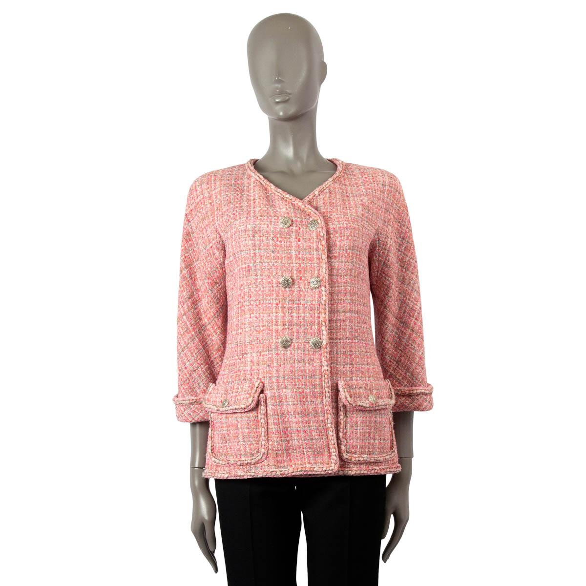 Brown CHANEL pink & multicolor 2014 14P DOUBLE BREASTED TWEED Jacket 38 S For Sale