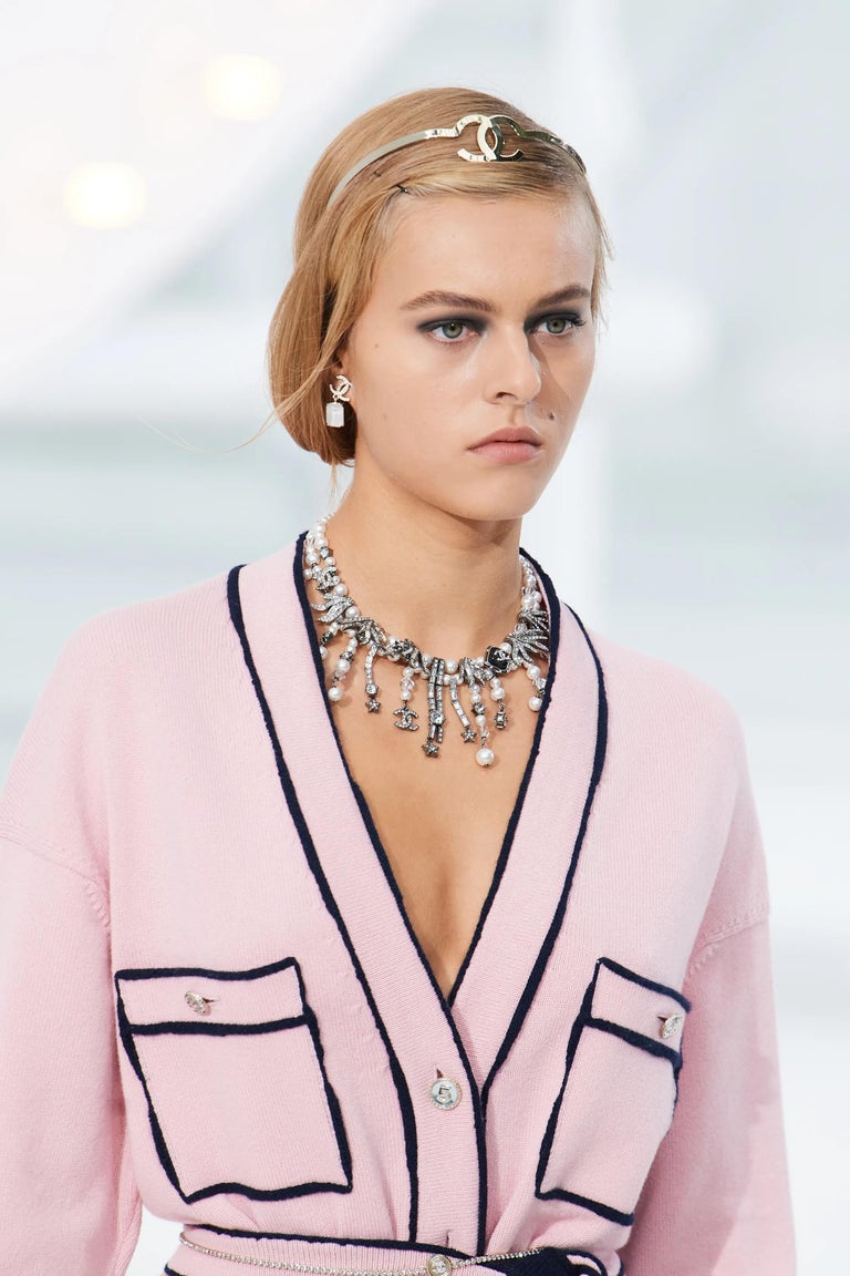 chanel pink dress 2021 Chanel 2021 Belted Cashmere Knit Dress Light Pink/Navy