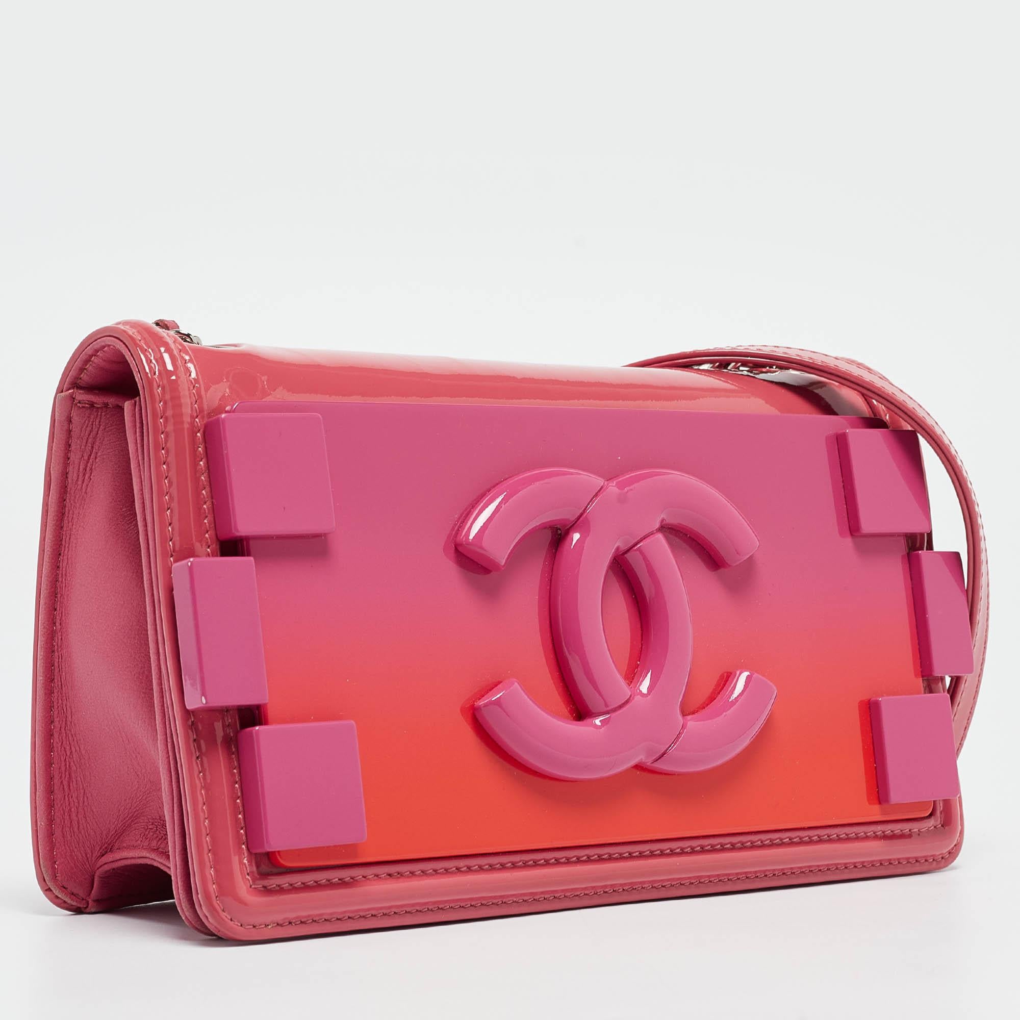Red Chanel Pink/Orange Plexiglass and Patent Leather Small Boy Brick Flap Bag