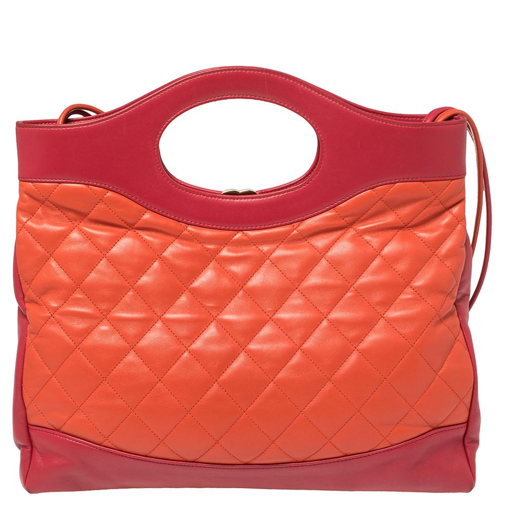 Red Chanel Pink/Orange Quilted Leather Medium 31 Shopper Tote