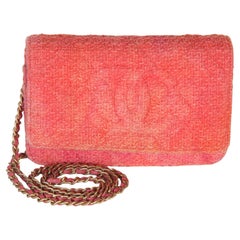 Chanel Pink Orange Quilted Tweed Timeless CC Wallet On Chain