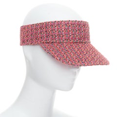 CHANEL pink orange tweed colorful logo lined visor hat