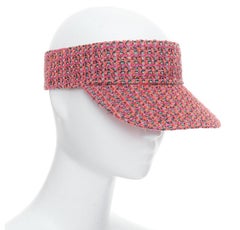 CHANEL pink orange tweed colorful logo lined visor hat
