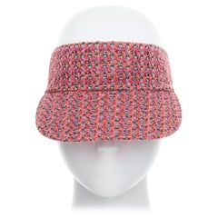 CHANEL pink orange tweed colorful logo lined visor hat