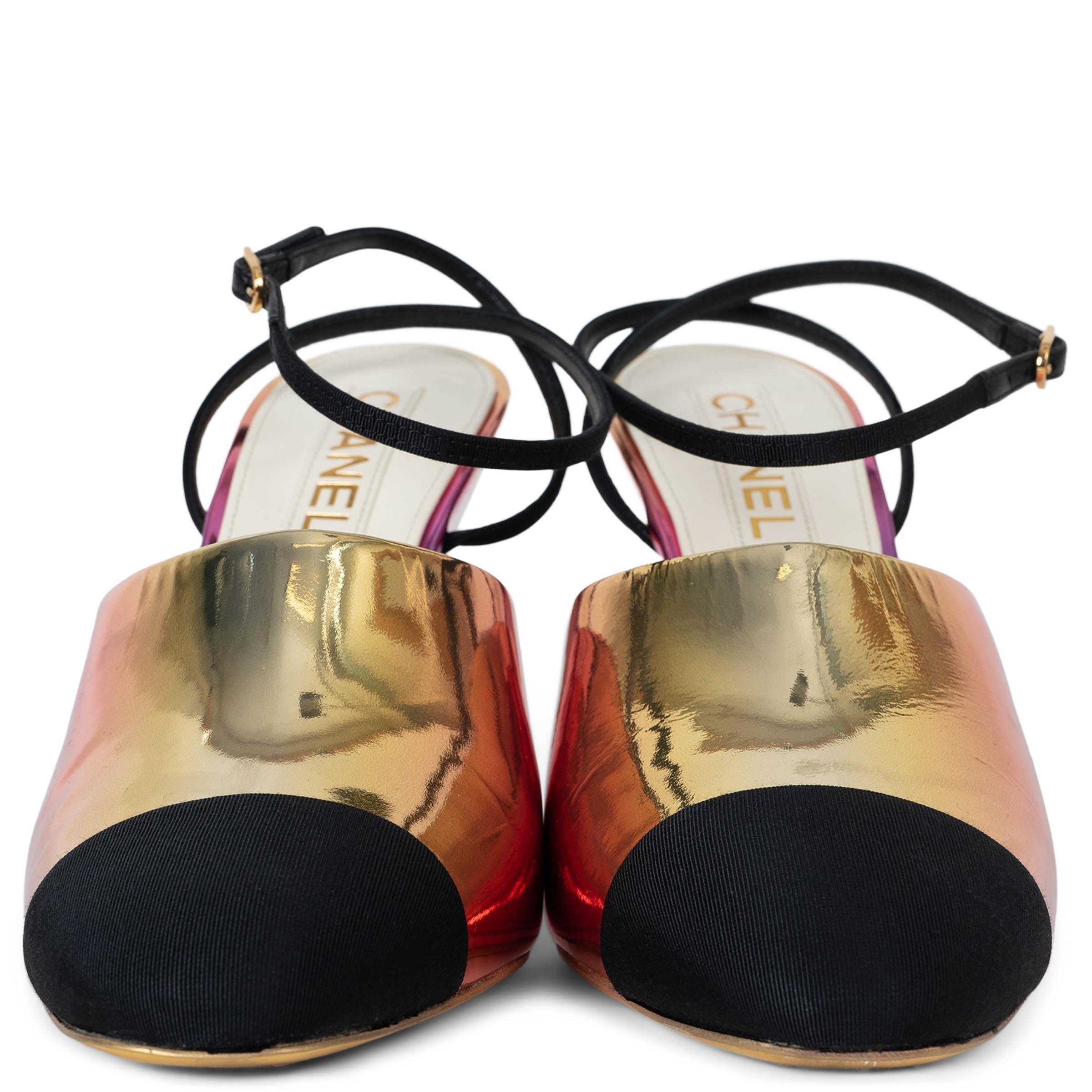 These 100% authentic Chanel slingbacks in a stunning yellow-to-pink gradient laminated calfskin leather bring a vibrant twist to a timeless silhouette. Designed with rounded toes and contrasting black grosgrain toe caps, they exude classic elegance