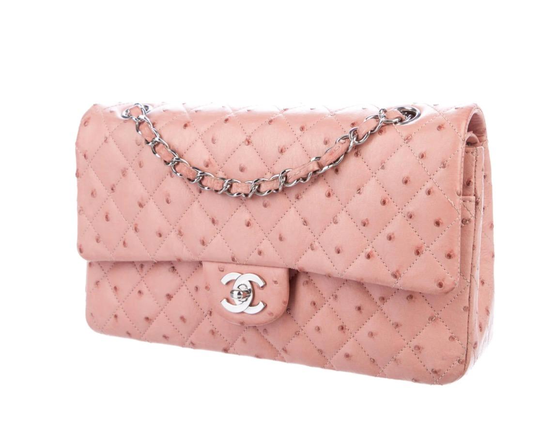 Chanel Pink Ostrich Exotic Silver Leather Medium Evening Shoulder Flap Bag In Good Condition For Sale In Chicago, IL
