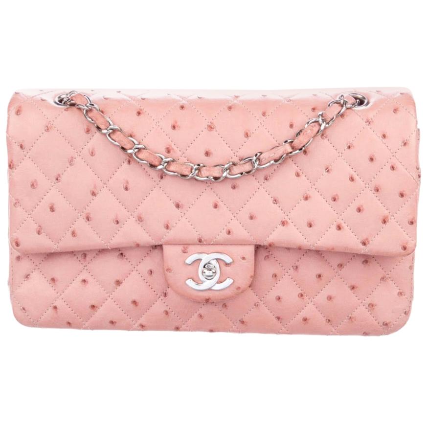 Chanel Pink Ostrich Exotic Silver Leather Medium Evening Shoulder Flap Bag