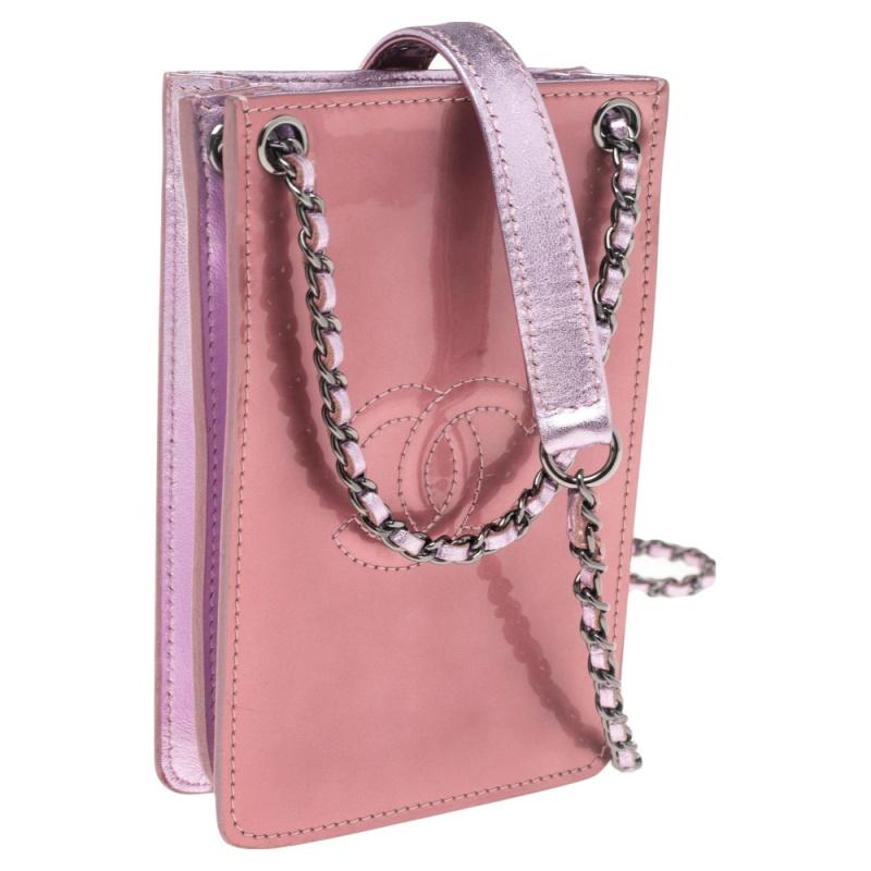 Brown Chanel Pink Patent Leather CC Phone Holder Crossbody Bag