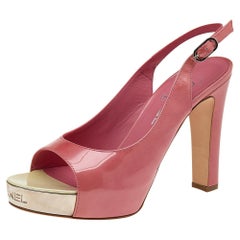 Chanel Pink Patent Leather Slingback Platform Sandals Size 38.5