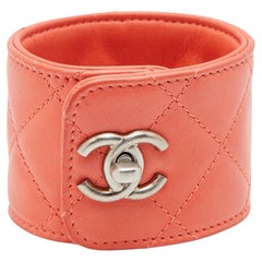 Chanel Pink Peach Quilted Leather TurnLock Cuff Bracelet