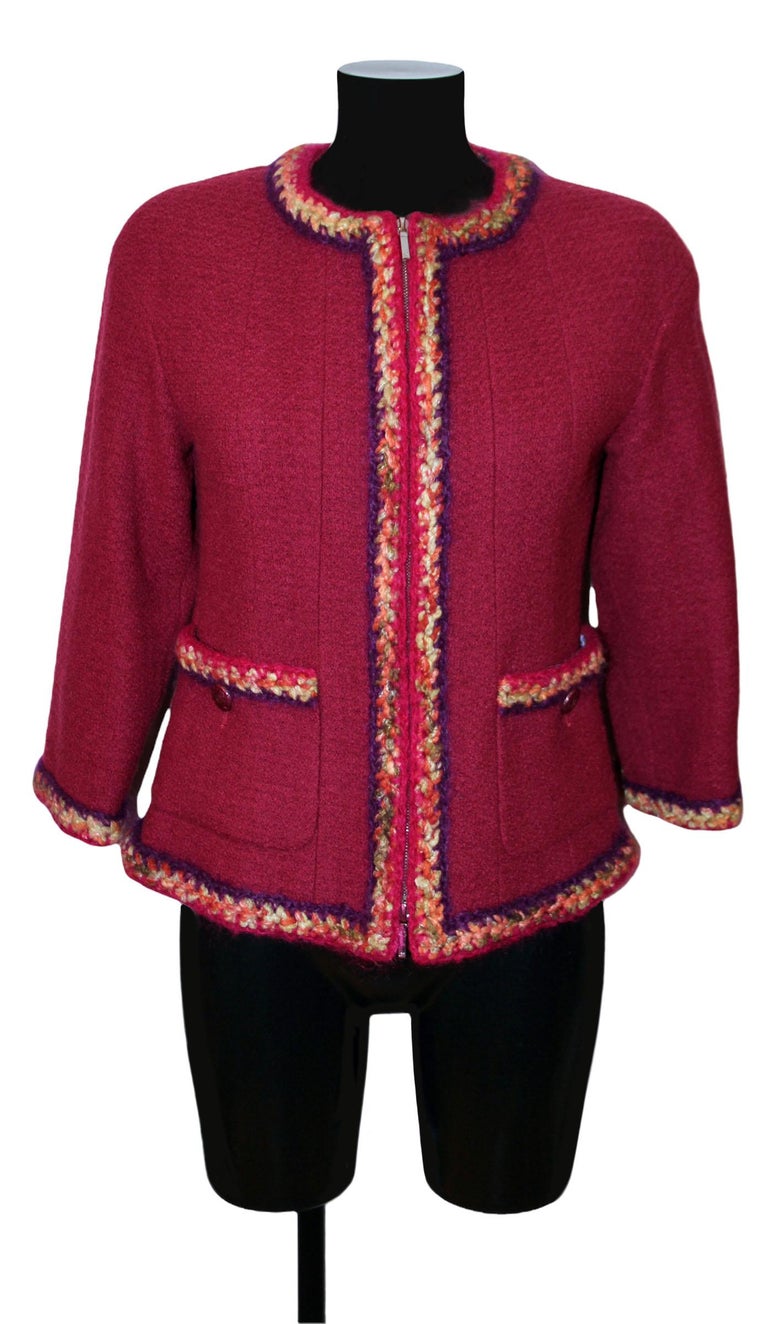 Brown Chanel Pink Print Blouse and Raspberry Pink Tweed Jacket For Sale