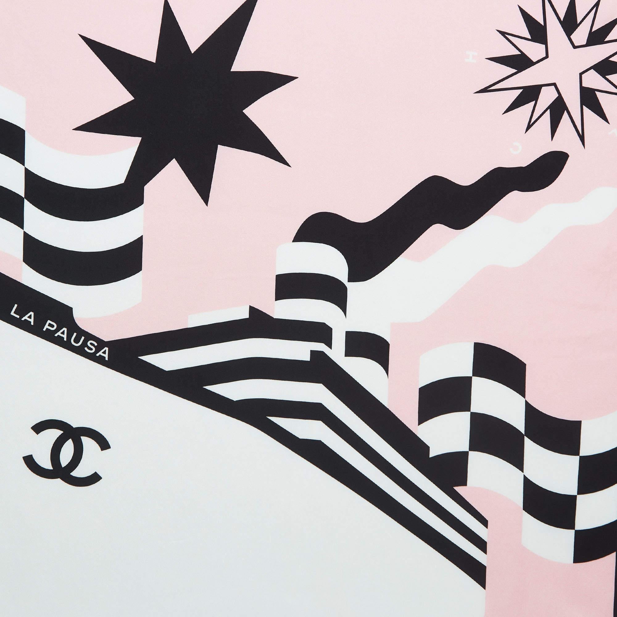 Indulge in the timeless elegance of the Chanel square scarf. Crafted from luxurious silk, it boasts a delicate pink hue adorned with Chanel's iconic motifs. A sophisticated accessory, exuding refinement and grace, perfect for adding a touch of