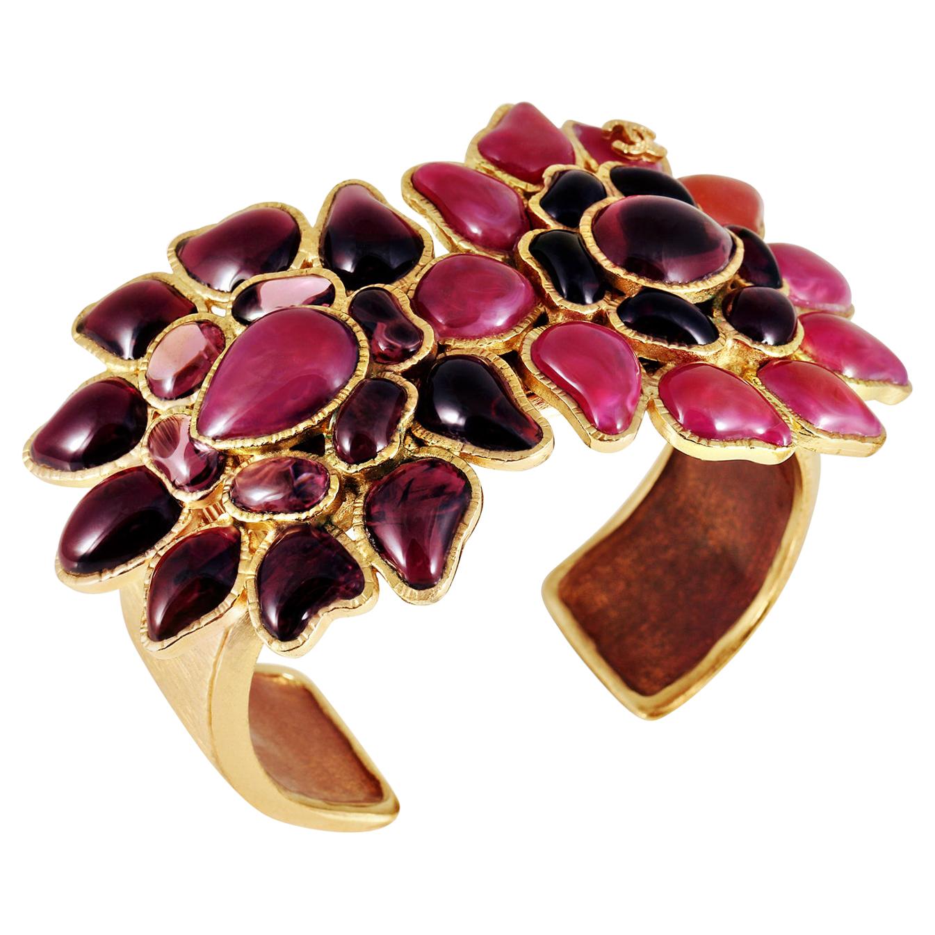 Chanel Pink Purple Gripoix Double Flower Cuff Bracelet at 1stDibs
