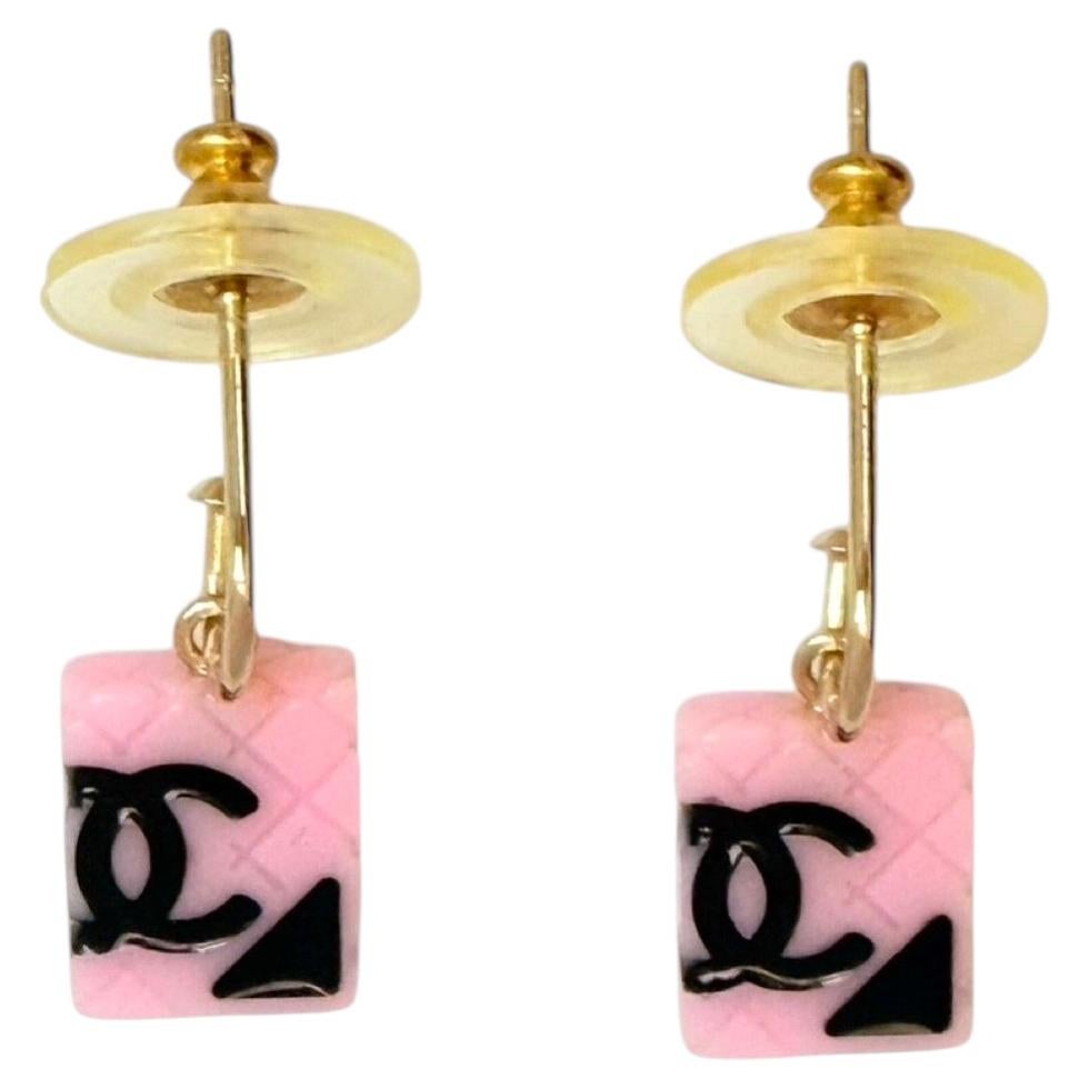 Chanel Pink Quilted Black CC Dangle Earrings For Sale