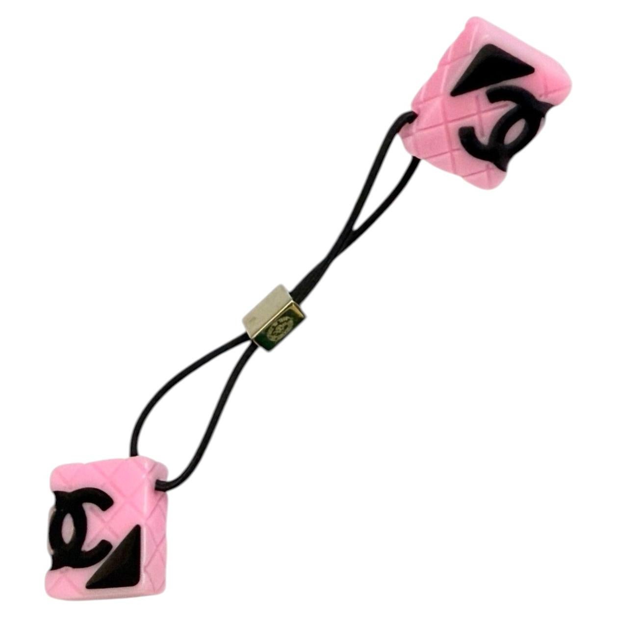 Chanel pink quilted black CC hair tie accessories For Sale
