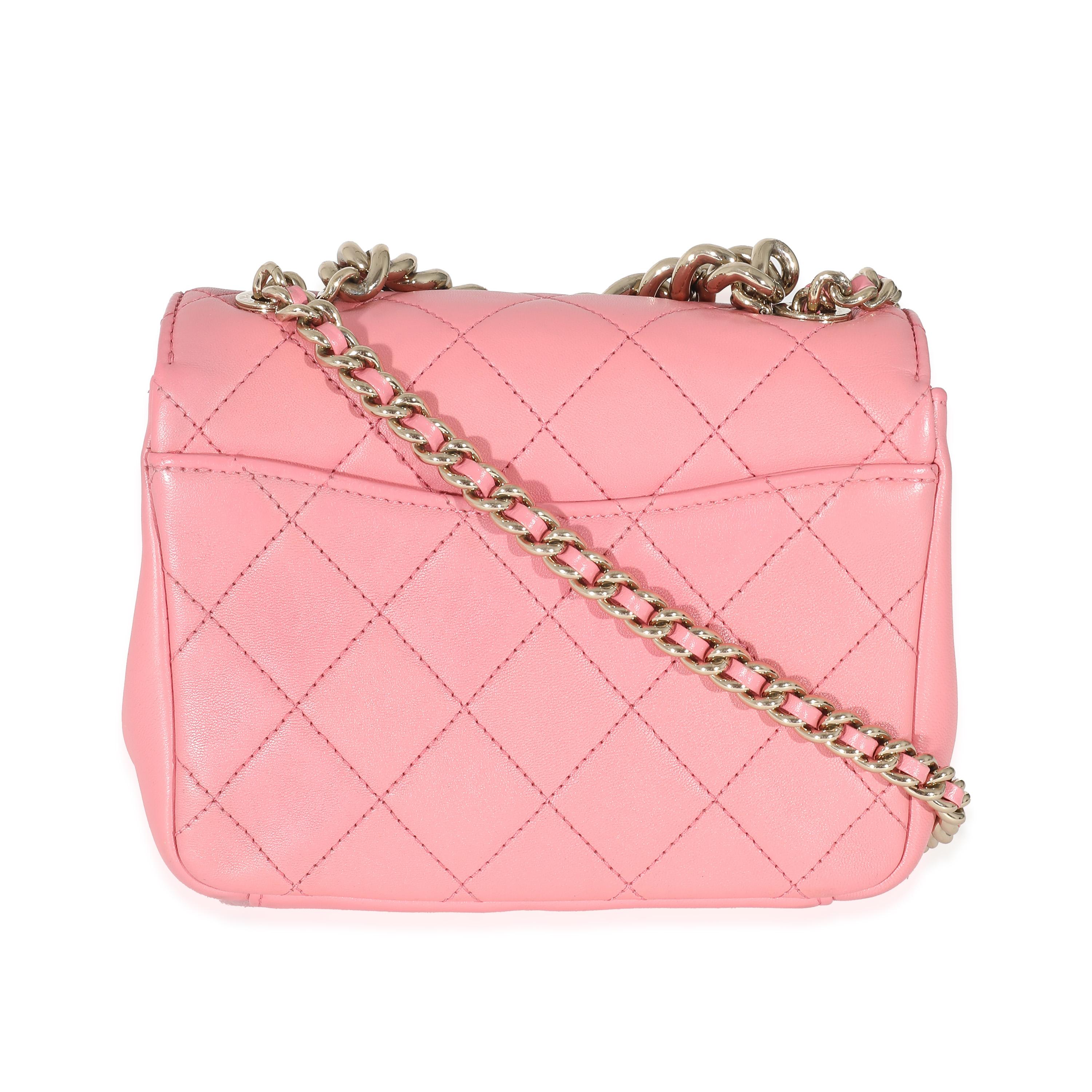 Listing Title: Chanel Pink Quilted Calfskin Beauty Begins Flap Bag
SKU: 133457
Condition: Pre-owned 
Handbag Condition: Very Good
Condition Comments: Item is in very good condition with minor signs of wear. Faint scuffing and discoloration along