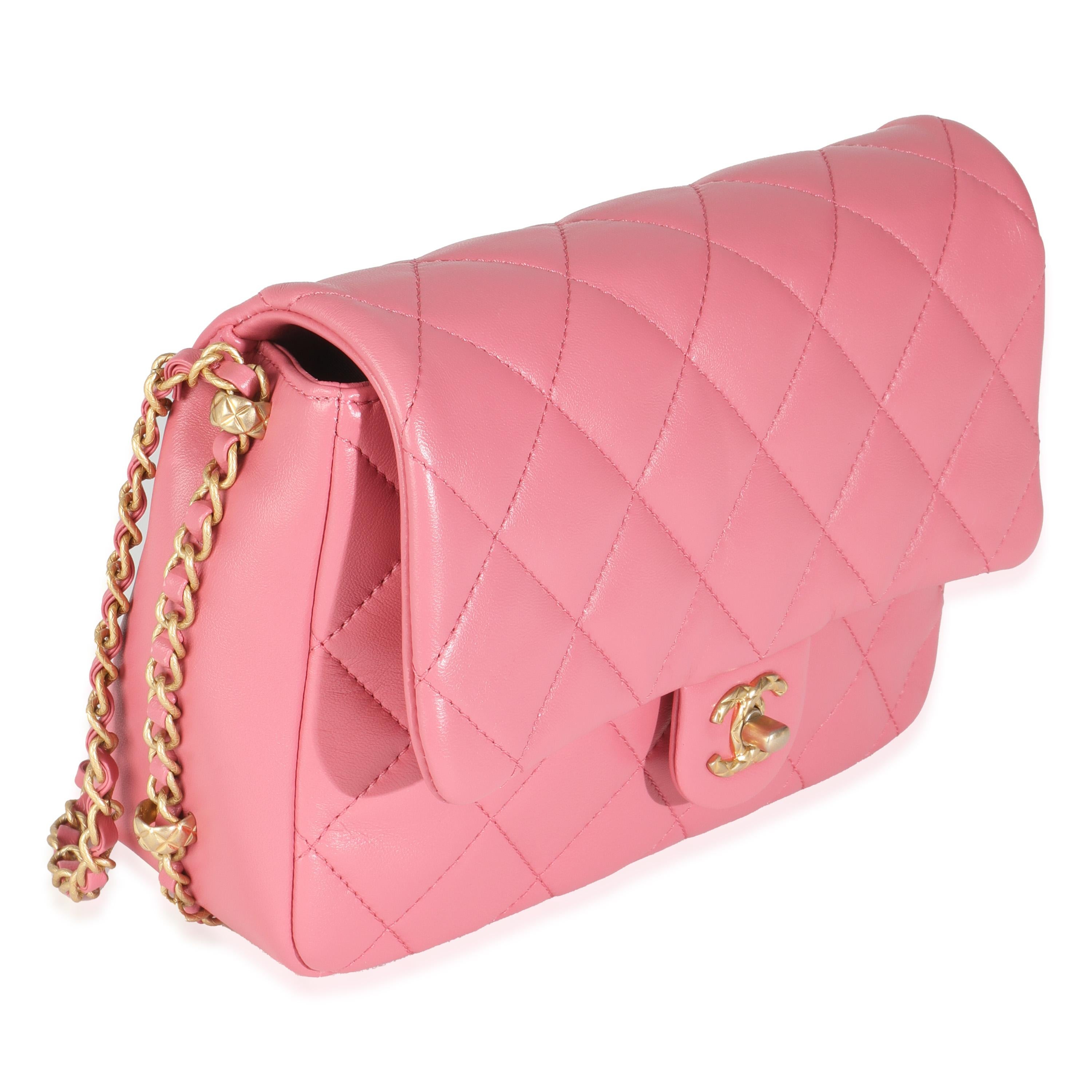 Chanel Pink Quilted Calfskin Chain Around Mini Square Flap Bag In Excellent Condition For Sale In New York, NY