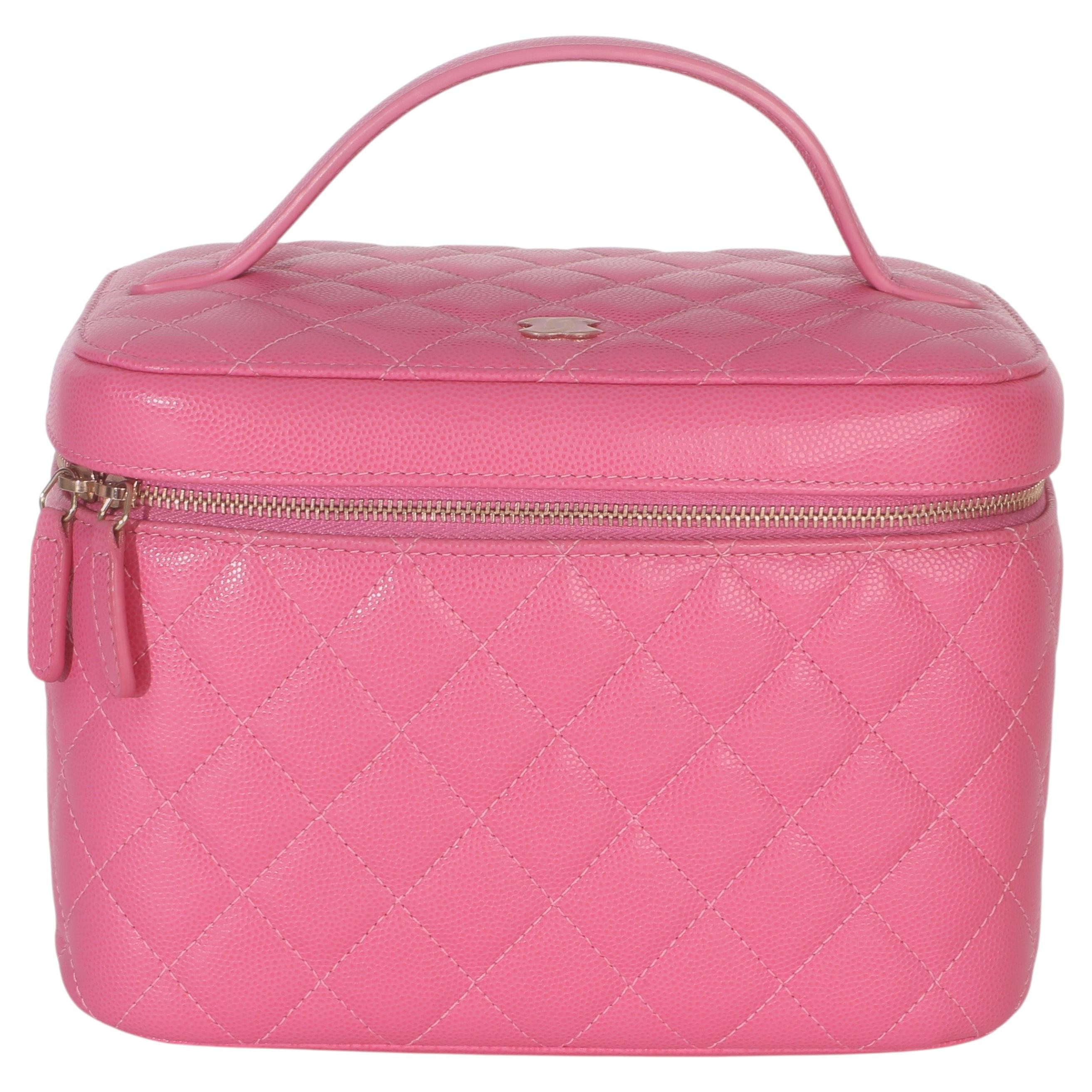 Chanel Pink Quilted Caviar Large Top Handle Vanity Case For Sale