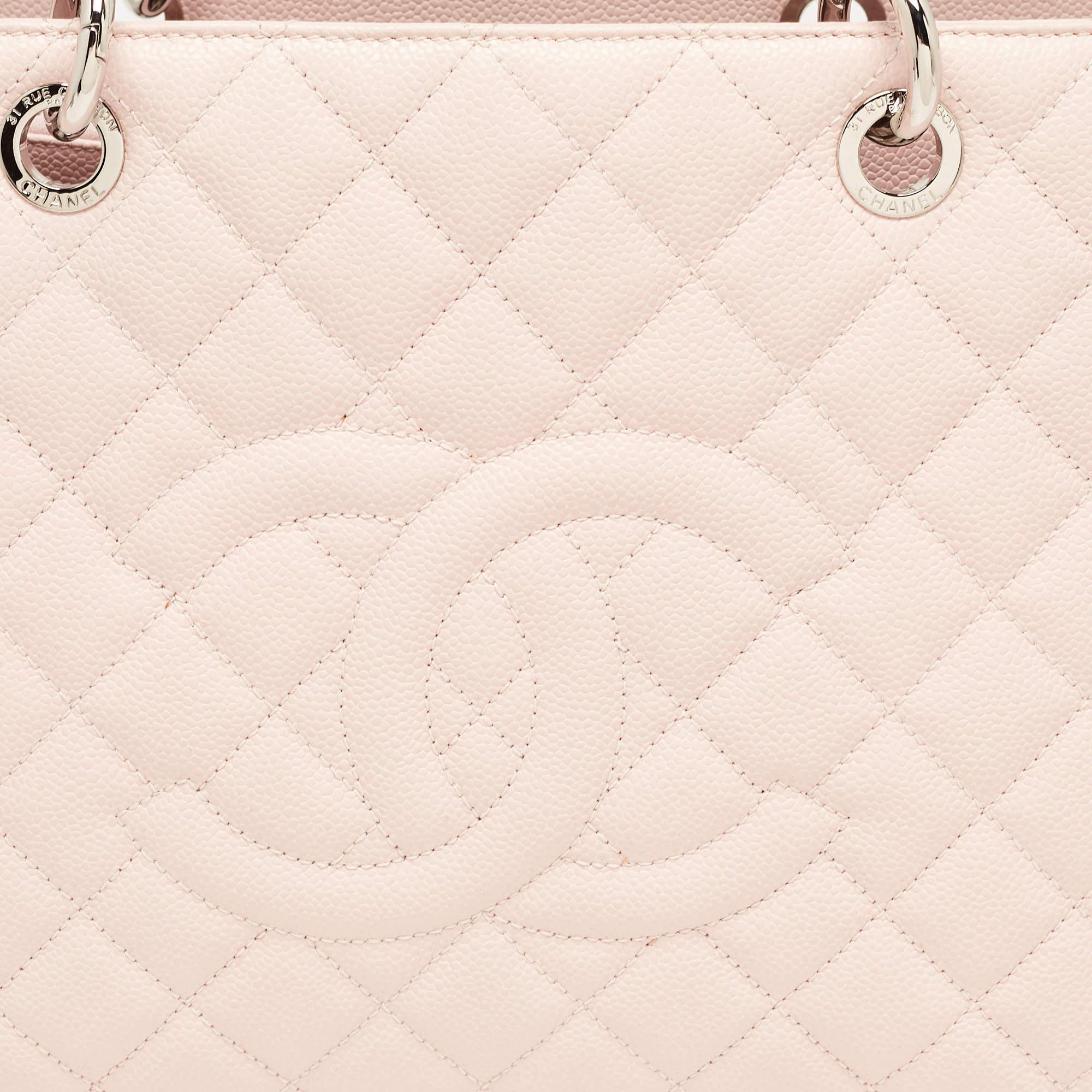 Chanel Pink Quilted Caviar Leather Grand Shopping Tote For Sale 2