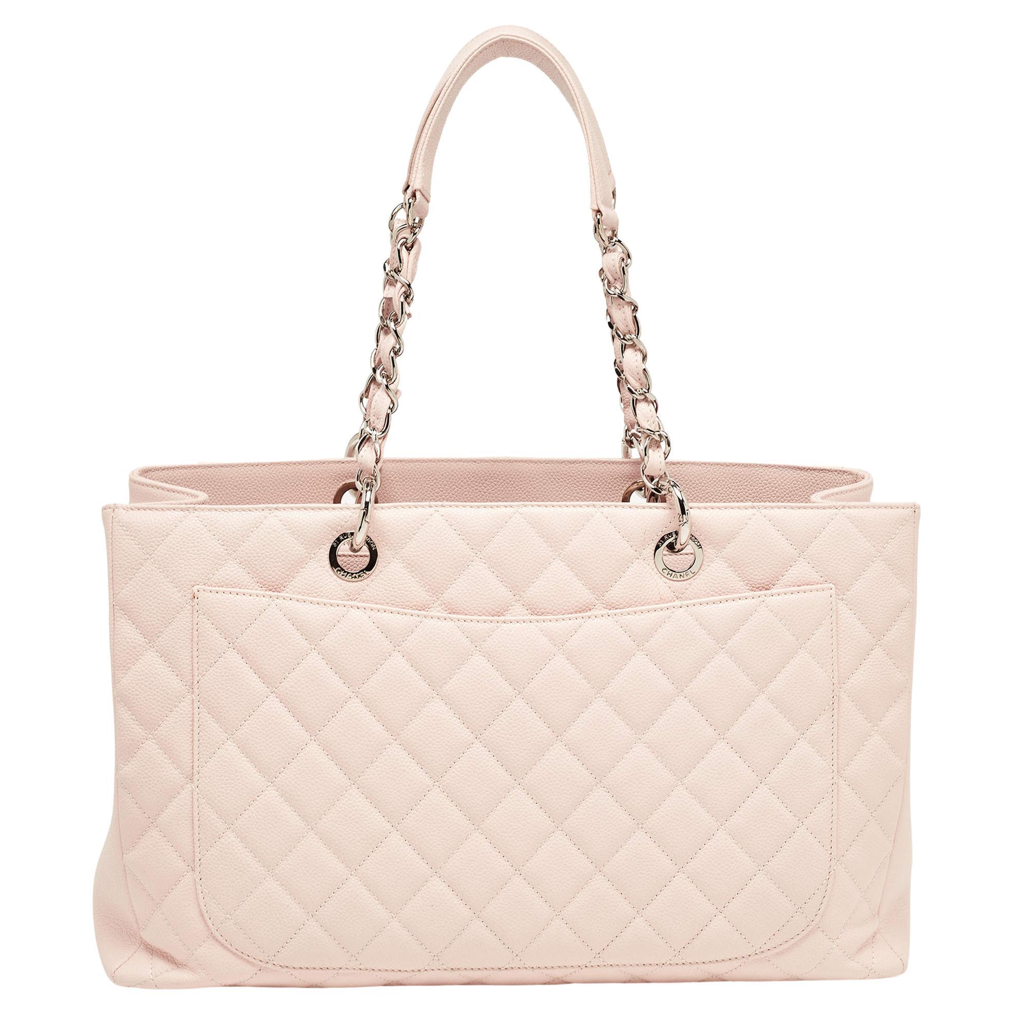 Chanel Pink Quilted Caviar Leather Grand Shopping Tote For Sale