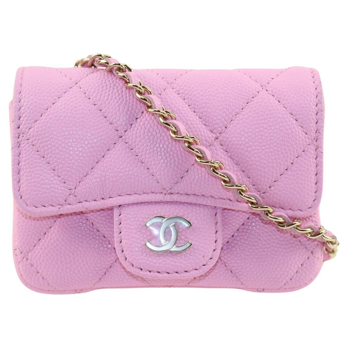 Chanel Pink Quilted Caviar Leather Micro Classic Flap GHW 2CK126K For Sale