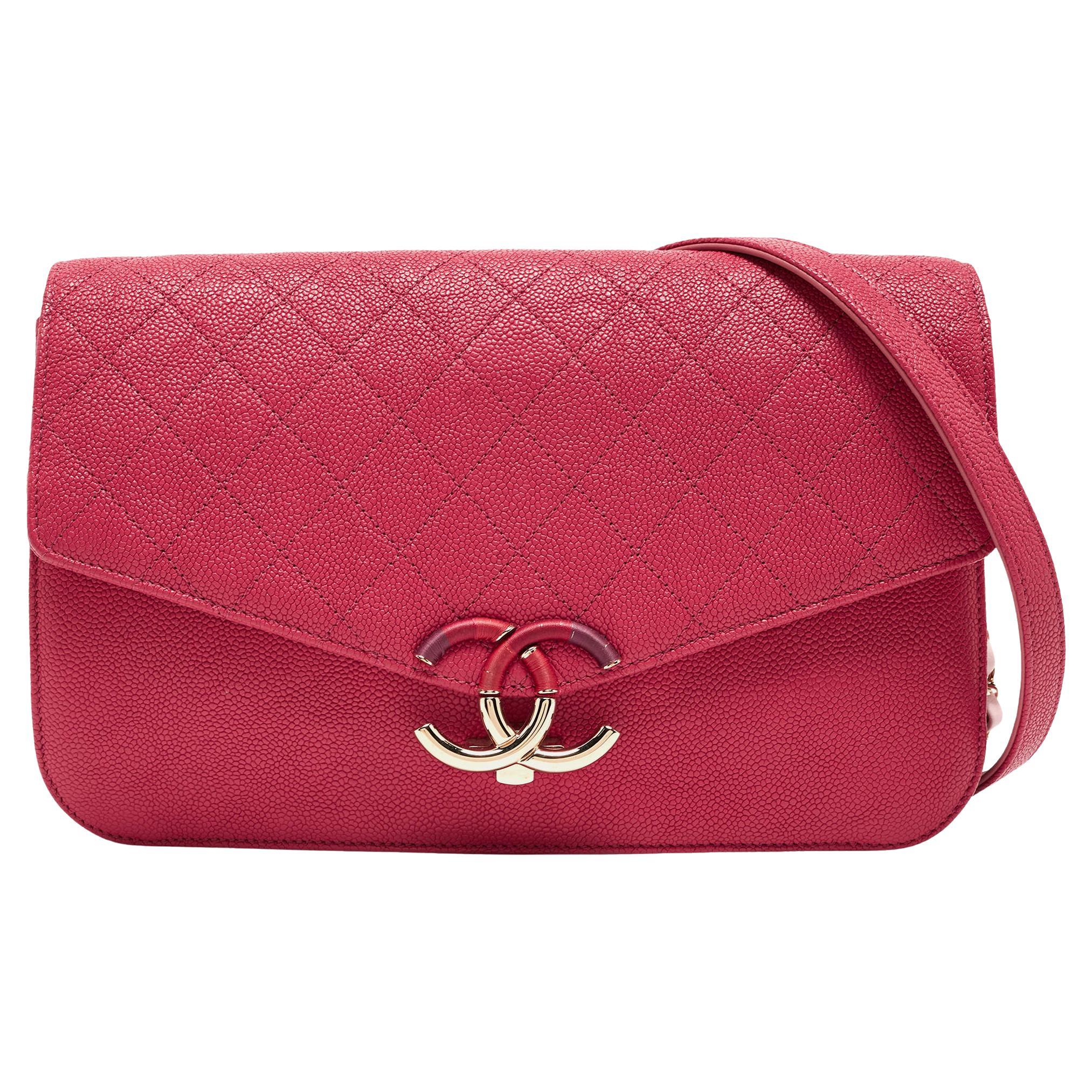 Chanel Pink Quilted Caviar Leather Thread Around Flap Bag For Sale