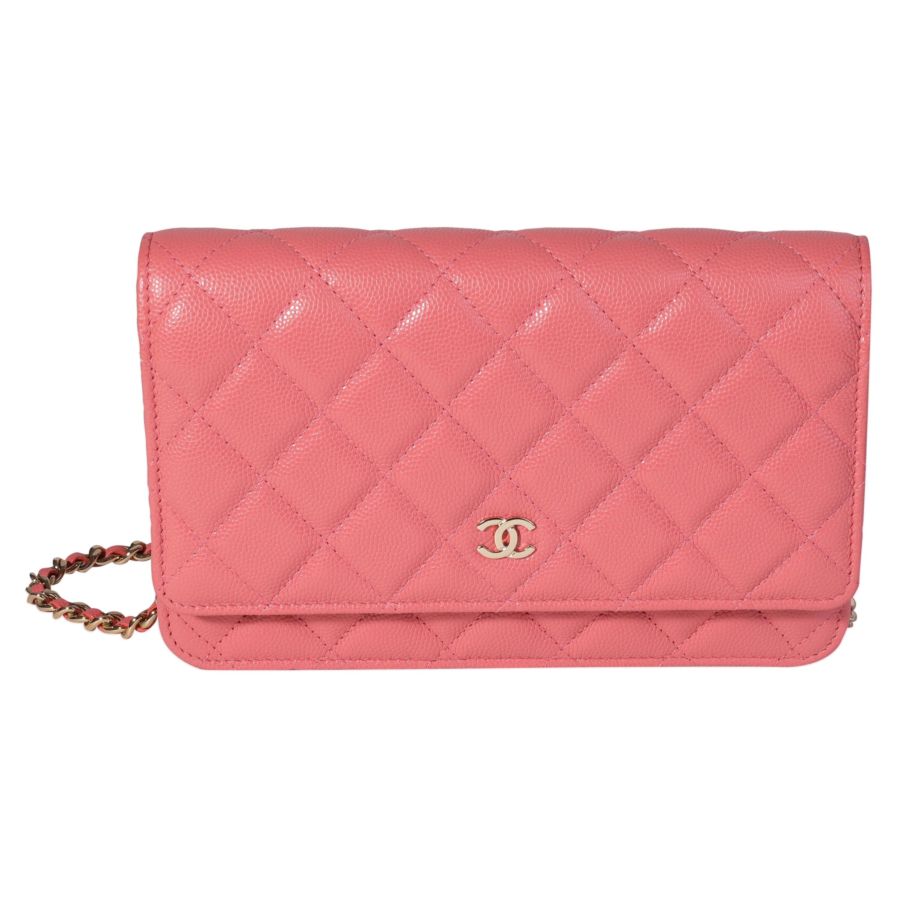 Chanel Rosa gesteppte Kaviar-Brieftasche an Kette