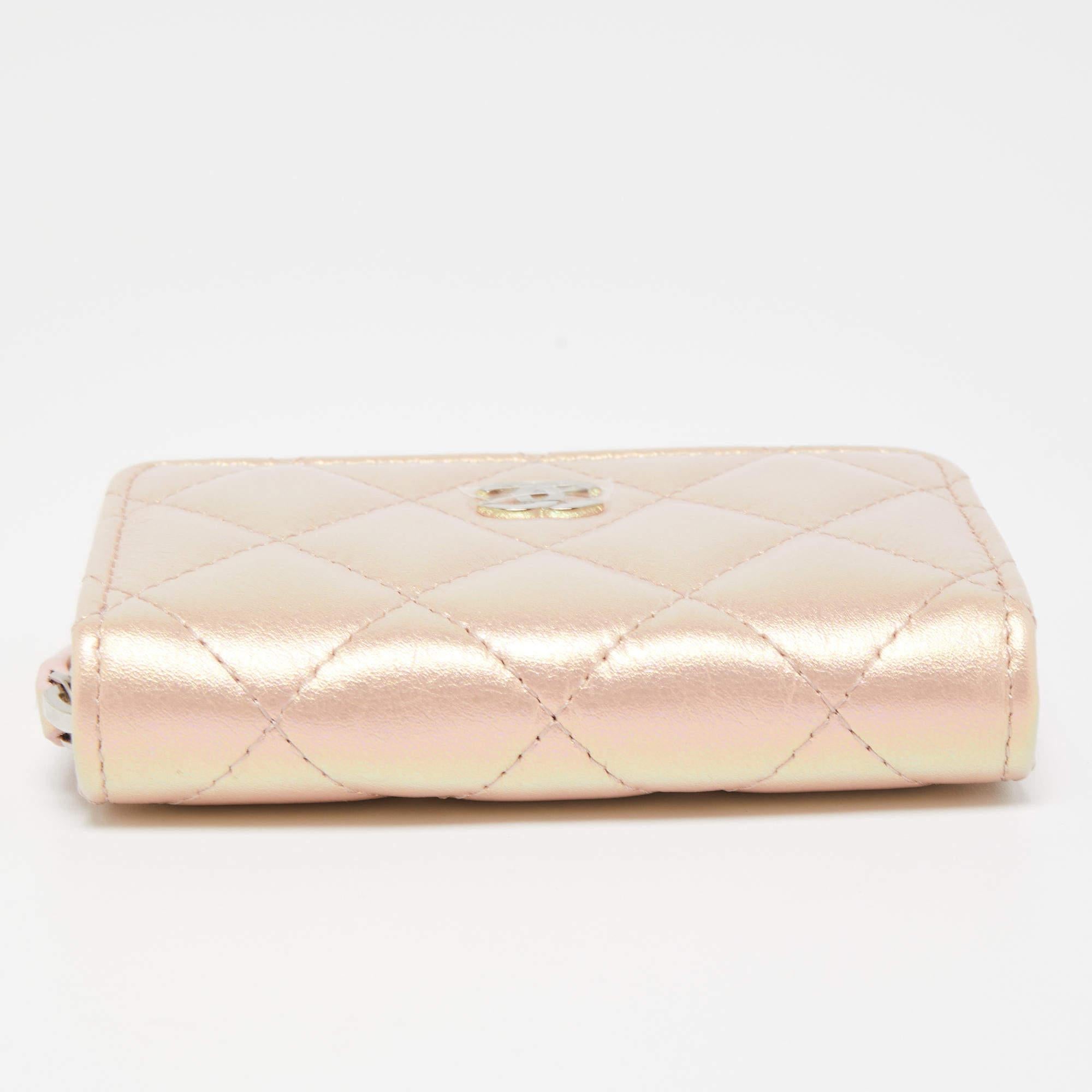 Chanel Pink Quilted Iridescent Leather CC Zip Coin Purse For Sale 6
