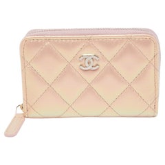 Used Chanel Pink Quilted Iridescent Leather CC Zip Coin Purse