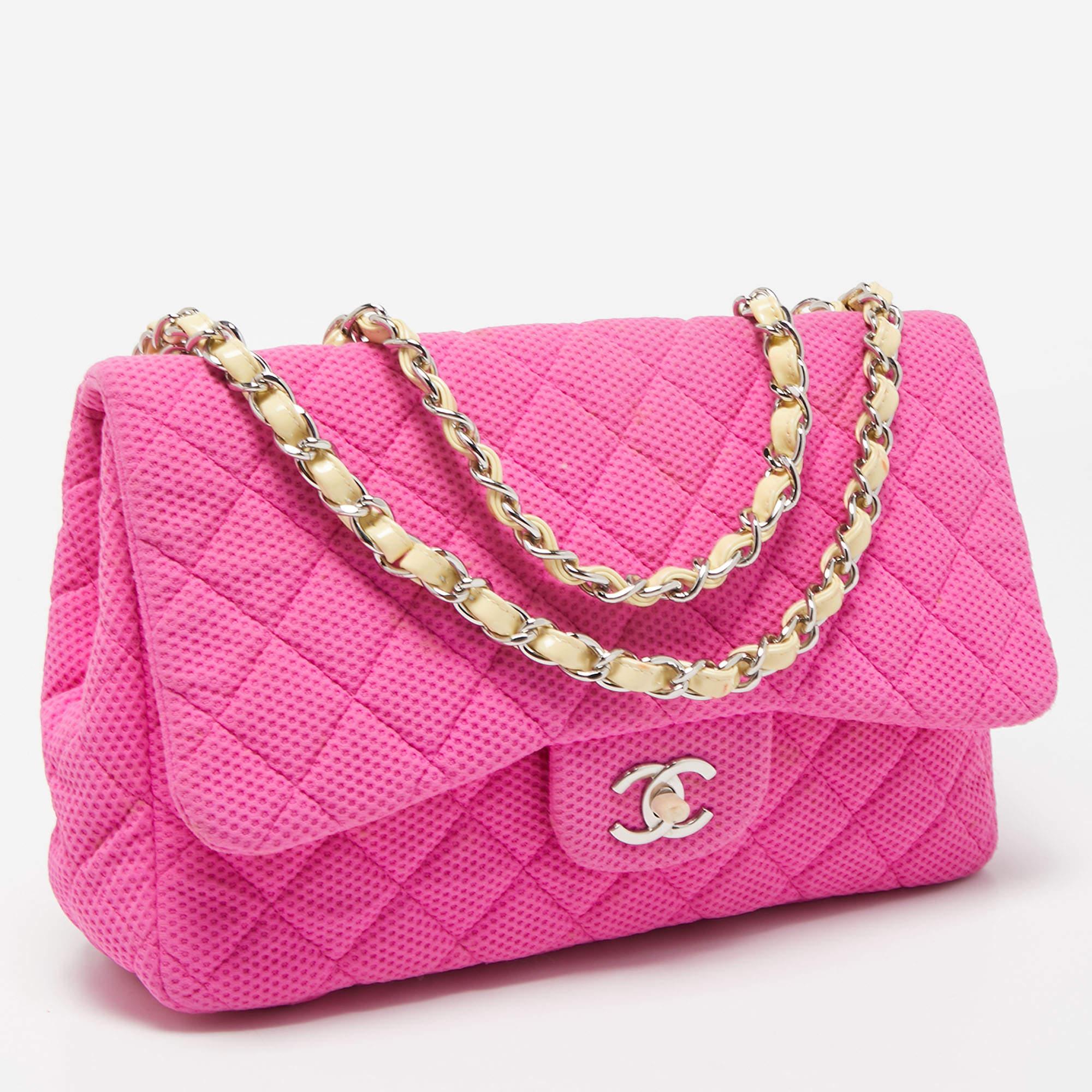 Chanel Pink Quilted Jersey Jumbo Classic Single Flap Bag In Good Condition In Dubai, Al Qouz 2