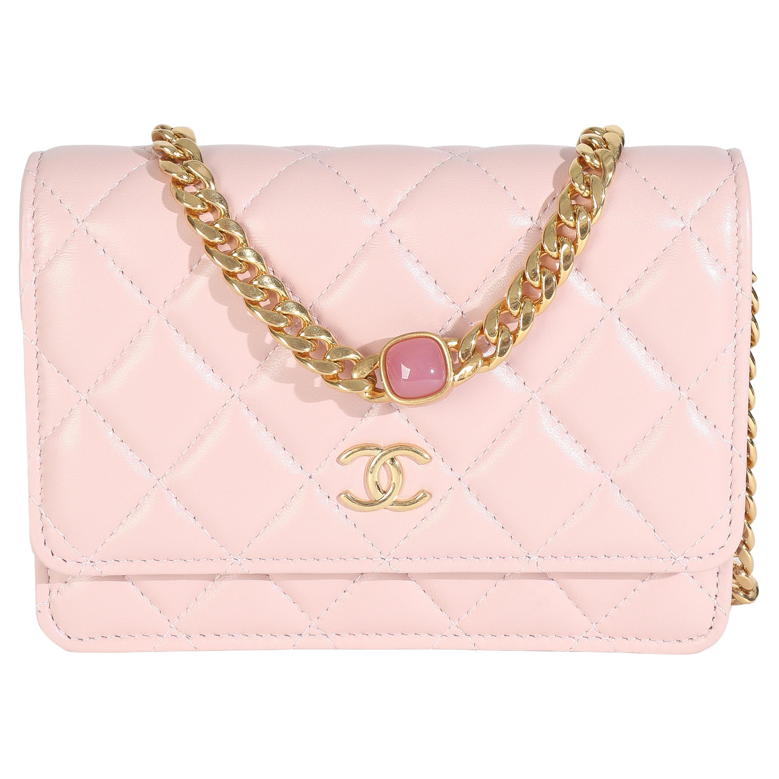 Chanel Pink Quilted Lambskin CC Pearl Enamel Clutch On Chain