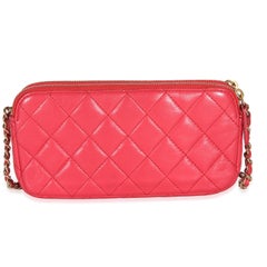 Chanel Pink Quilted Lambskin Double Zip Clutch With Chain
